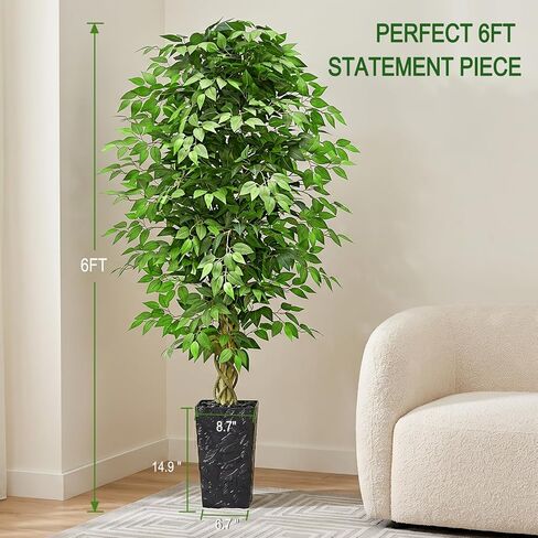 6FT Artificial Ficus Tree, Tall Fake Ficus Tree with Natural Wood Trunk & Silk Leaves, Large Artificial Plant Indoor for Home Living Room Office Bedroom Decor in Saudi Arabia