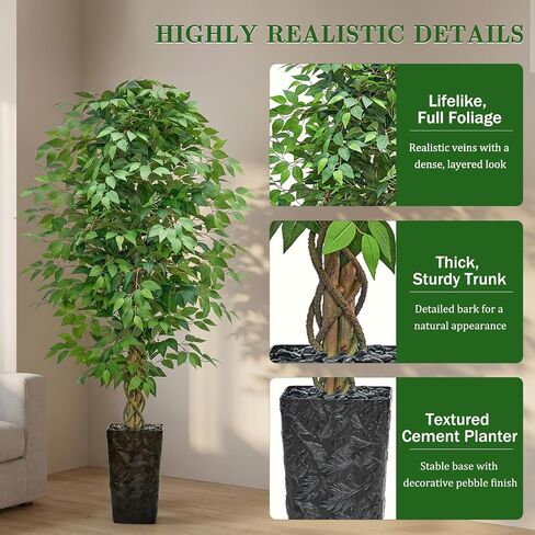 6FT Artificial Ficus Tree, Tall Fake Ficus Tree with Natural Wood Trunk & Silk Leaves, Large Artificial Plant Indoor for Home Living Room Office Bedroom Decor in Saudi Arabia
