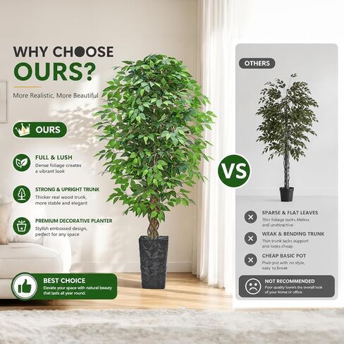 6FT Artificial Ficus Tree, Tall Fake Ficus Tree with Natural Wood Trunk & Silk Leaves, Large Artificial Plant Indoor for Home Living Room Office Bedroom Decor in Saudi Arabia