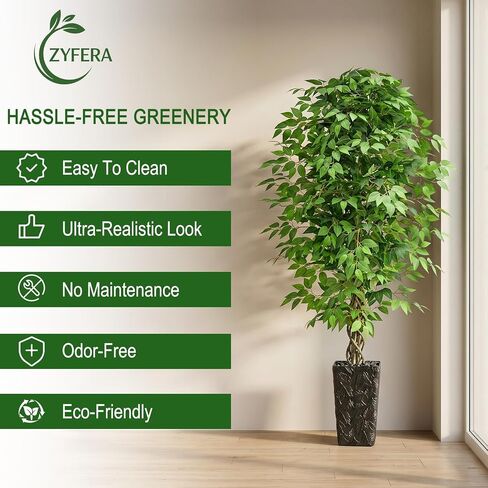6FT Artificial Ficus Tree, Tall Fake Ficus Tree with Natural Wood Trunk & Silk Leaves, Large Artificial Plant Indoor for Home Living Room Office Bedroom Decor in Saudi Arabia