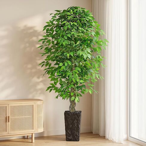 6FT Artificial Ficus Tree, Tall Fake Ficus Tree with Natural Wood Trunk & Silk Leaves, Large Artificial Plant Indoor for Home Living Room Office Bedroom Decor in Saudi Arabia