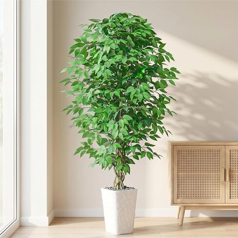 6FT Artificial Ficus Tree, Tall Fake Ficus Tree with Natural Wood Trunk & Silk Leaves, Large Artificial Plant Indoor for Home Living Room Office Bedroom Decor in Kuwait