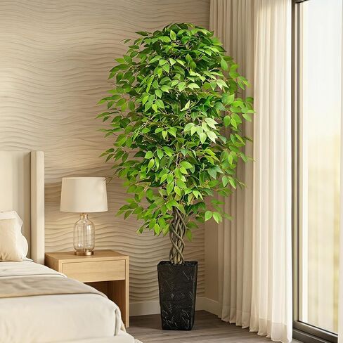 6FT Artificial Ficus Tree, Tall Fake Ficus Tree with Natural Wood Trunk & Silk Leaves, Large Artificial Plant Indoor for Home Living Room Office Bedroom Decor in Saudi Arabia