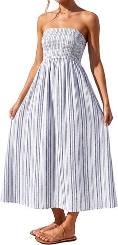 Women's Summer Midi Dress Strapless Convertible Straps Smocked Striped A Line Beach Vacation Sundress with Pockets in Saudi Arabia