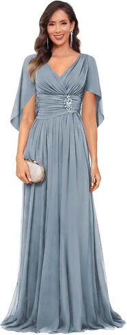 V Neck Cap Sleeve Mother of The Bride Dresses with Shawls for Women Pleated Chiffon Wedding Guest Formal Dress in Saudi Arabia