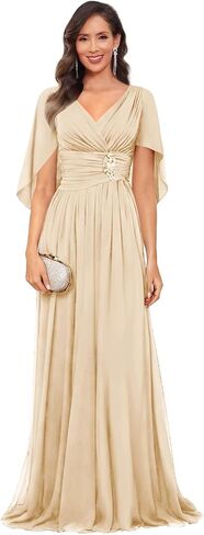 V Neck Cap Sleeve Mother of The Bride Dresses with Shawls for Women Pleated Chiffon Wedding Guest Formal Dress in Kuwait
