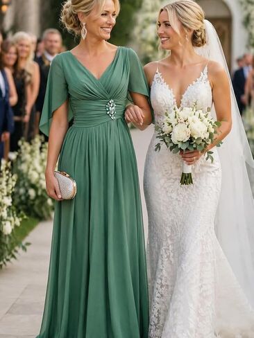 V Neck Cap Sleeve Mother of The Bride Dresses with Shawls for Women Pleated Chiffon Wedding Guest Formal Dress in Kuwait
