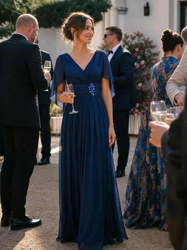 V Neck Cap Sleeve Mother of The Bride Dresses with Shawls for Women Pleated Chiffon Wedding Guest Formal Dress in Kuwait