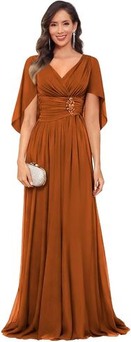 V Neck Cap Sleeve Mother of The Bride Dresses with Shawls for Women Pleated Chiffon Wedding Guest Formal Dress in Kuwait