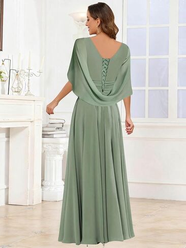 V Neck Cap Sleeve Mother of The Bride Dresses with Shawls for Women Pleated Chiffon Wedding Guest Formal Dress in Kuwait