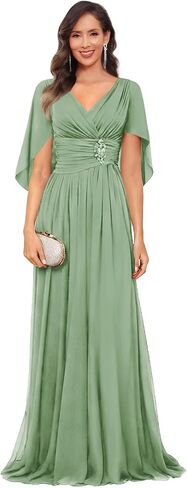 V Neck Cap Sleeve Mother of The Bride Dresses with Shawls for Women Pleated Chiffon Wedding Guest Formal Dress in Kuwait