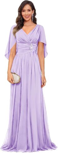 V Neck Cap Sleeve Mother of The Bride Dresses with Shawls for Women Pleated Chiffon Wedding Guest Formal Dress in Kuwait