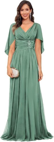V Neck Cap Sleeve Mother of The Bride Dresses with Shawls for Women Pleated Chiffon Wedding Guest Formal Dress in Kuwait
