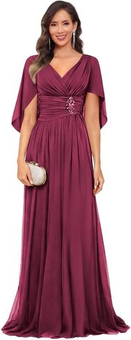 V Neck Cap Sleeve Mother of The Bride Dresses with Shawls for Women Pleated Chiffon Wedding Guest Formal Dress in Kuwait