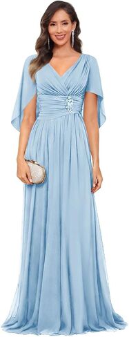 V Neck Cap Sleeve Mother of The Bride Dresses with Shawls for Women Pleated Chiffon Wedding Guest Formal Dress in Kuwait