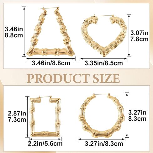 SmallCat 4 Pairs Large Bamboo Earrings, Oversized Gold Plated Hoops Trapezoidal Rectangular Heart Earrings, Y2K Fashion 80s 90s Retro Hoop Hypoallergenic Earring for Women Jewelry Party Festivals in Kuwait