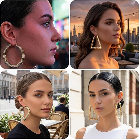 SmallCat 4 Pairs Large Bamboo Earrings, Oversized Gold Plated Hoops Trapezoidal Rectangular Heart Earrings, Y2K Fashion 80s 90s Retro Hoop Hypoallergenic Earring for Women Jewelry Party Festivals in Kuwait