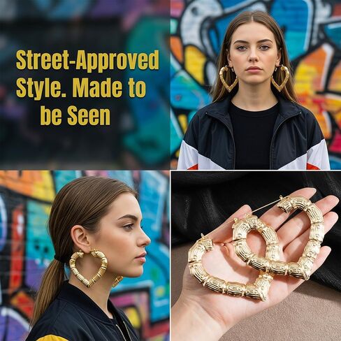 SmallCat 4 Pairs Large Bamboo Earrings, Oversized Gold Plated Hoops Trapezoidal Rectangular Heart Earrings, Y2K Fashion 80s 90s Retro Hoop Hypoallergenic Earring for Women Jewelry Party Festivals in Kuwait