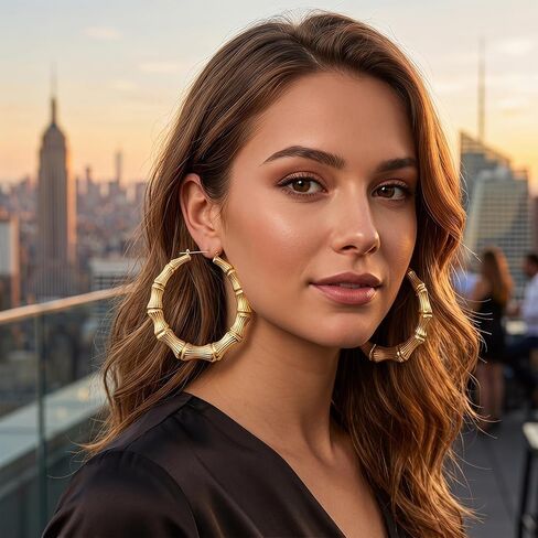 SmallCat 4 Pairs Large Bamboo Earrings, Oversized Gold Plated Hoops Trapezoidal Rectangular Heart Earrings, Y2K Fashion 80s 90s Retro Hoop Hypoallergenic Earring for Women Jewelry Party Festivals in Kuwait