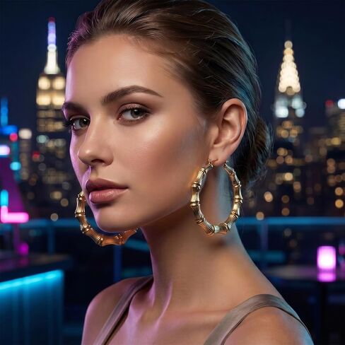 SmallCat 4 Pairs Large Bamboo Earrings, Oversized Gold Plated Hoops Trapezoidal Rectangular Heart Earrings, Y2K Fashion 80s 90s Retro Hoop Hypoallergenic Earring for Women Jewelry Party Festivals in Kuwait