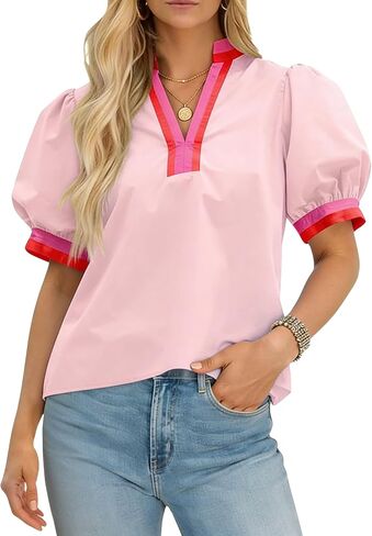 Huaqiao Womens Color Block Puff Short Sleeve Tee Shirt V Neck Cotton Tops Loose Fit Summer Blouses in Saudi Arabia