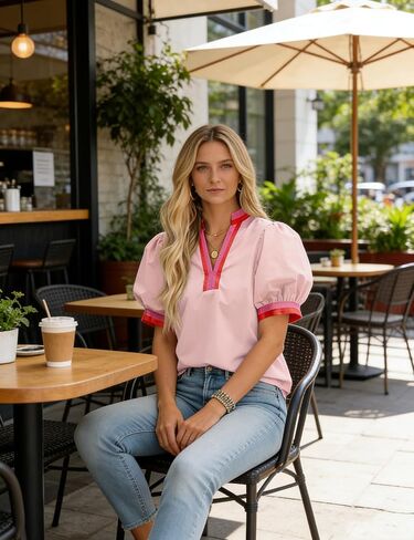 Huaqiao Womens Color Block Puff Short Sleeve Tee Shirt V Neck Cotton Tops Loose Fit Summer Blouses in Saudi Arabia