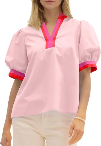Huaqiao Womens Color Block Puff Short Sleeve Tee Shirt V Neck Cotton Tops Loose Fit Summer Blouses in Saudi Arabia