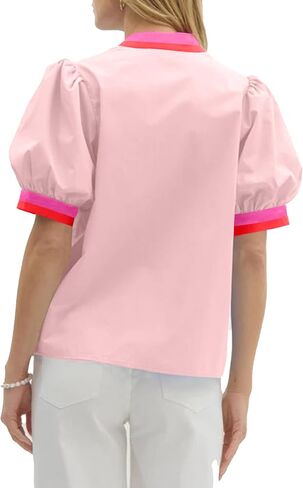 Huaqiao Womens Color Block Puff Short Sleeve Tee Shirt V Neck Cotton Tops Loose Fit Summer Blouses in Saudi Arabia