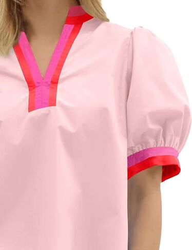 Huaqiao Womens Color Block Puff Short Sleeve Tee Shirt V Neck Cotton Tops Loose Fit Summer Blouses in Saudi Arabia