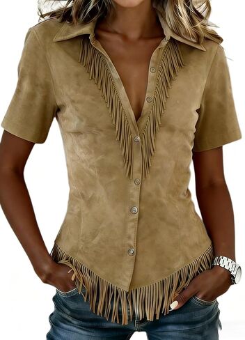 Chvity Women's Western Cowgirl Suede Shirts Vintage Short Sleeve Button Down Slim Fit Fringe Tops Blouse Khaki in Kuwait