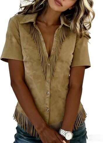 Chvity Women's Western Cowgirl Suede Shirts Vintage Short Sleeve Button Down Slim Fit Fringe Tops Blouse Khaki in Kuwait