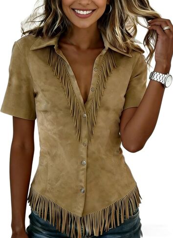 Chvity Women's Western Cowgirl Suede Shirts Vintage Short Sleeve Button Down Slim Fit Fringe Tops Blouse Khaki in Kuwait
