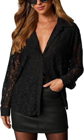 Diosun Womens Lace Elegant Button Down Shirts V Neck Sexy Sheer Mesh Blouse Long Sleeve Casual Floral Tops in Saudi Arabia