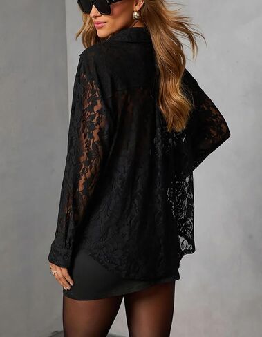 Diosun Womens Lace Elegant Button Down Shirts V Neck Sexy Sheer Mesh Blouse Long Sleeve Casual Floral Tops in Saudi Arabia