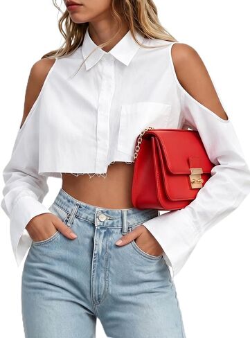 Remidoo Women's Cold Shoulder Cropped Button Down Shirt Long Sleeve Crop Top Raw Hem Blouse in Kuwait