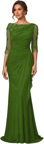 Mermaid Chiffon Mother of Bride Dresses for Women 3/4 Sleeves Lace Appliques Ruched Long Formal Evening Gown 2026 in Saudi Arabia