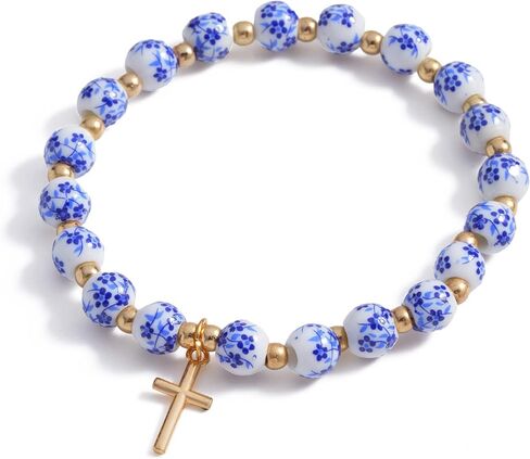 ALITTLECAR Blue & White Porcelain Ceramic Beaded Bracelet for Women, 7.5" Stretch Elastic Bracelet, Handmade Round Beads, Artistic Jewelry Gift in Saudi Arabia