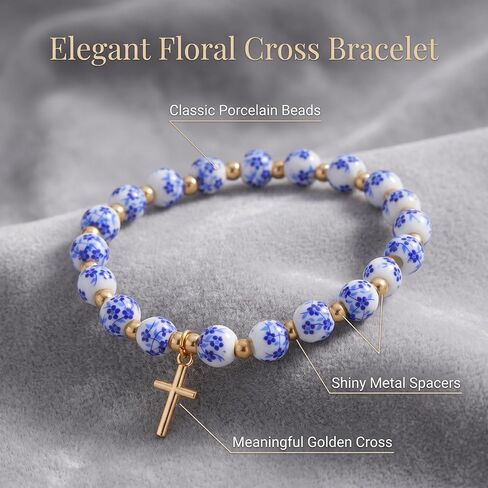 ALITTLECAR Blue & White Porcelain Ceramic Beaded Bracelet for Women, 7.5" Stretch Elastic Bracelet, Handmade Round Beads, Artistic Jewelry Gift in Saudi Arabia
