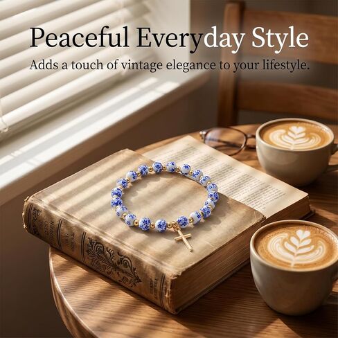 ALITTLECAR Blue & White Porcelain Ceramic Beaded Bracelet for Women, 7.5" Stretch Elastic Bracelet, Handmade Round Beads, Artistic Jewelry Gift in Saudi Arabia