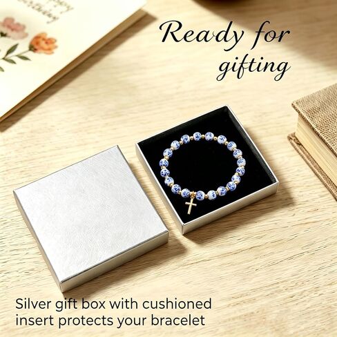 ALITTLECAR Blue & White Porcelain Ceramic Beaded Bracelet for Women, 7.5" Stretch Elastic Bracelet, Handmade Round Beads, Artistic Jewelry Gift in Saudi Arabia