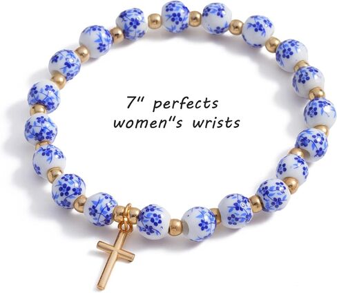 ALITTLECAR Blue & White Porcelain Ceramic Beaded Bracelet for Women, 7.5" Stretch Elastic Bracelet, Handmade Round Beads, Artistic Jewelry Gift in Saudi Arabia