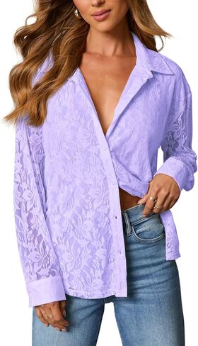 Diosun Womens Lace Elegant Button Down Shirts V Neck Sexy Sheer Mesh Blouse Long Sleeve Casual Floral Tops in Saudi Arabia