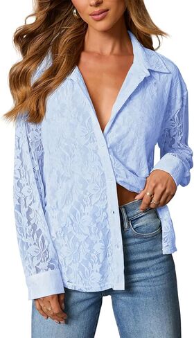 Diosun Womens Lace Elegant Button Down Shirts V Neck Sexy Sheer Mesh Blouse Long Sleeve Casual Floral Tops in Saudi Arabia