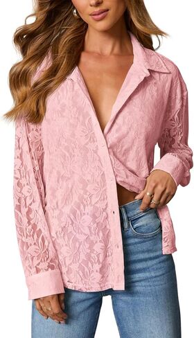 Diosun Womens Lace Elegant Button Down Shirts V Neck Sexy Sheer Mesh Blouse Long Sleeve Casual Floral Tops in Saudi Arabia
