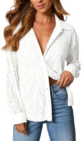 Diosun Womens Lace Elegant Button Down Shirts V Neck Sexy Sheer Mesh Blouse Long Sleeve Casual Floral Tops in Saudi Arabia