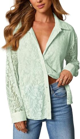Diosun Womens Lace Elegant Button Down Shirts V Neck Sexy Sheer Mesh Blouse Long Sleeve Casual Floral Tops in Saudi Arabia