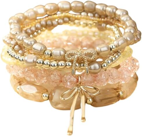 WJR Bohemian Colorful Stackable Crystal Glass Beads Stretch Bracelets Handmade Multilayered Bow Dangle Bracelets Set for Women in Saudi Arabia