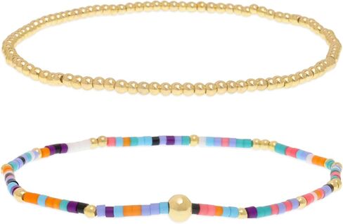 Rainbow Beads Stack Bracelets for Women, Handmade Gold Beaded Stretch Bracelet Everyday Fashion Jewelry Gift. in Saudi Arabia