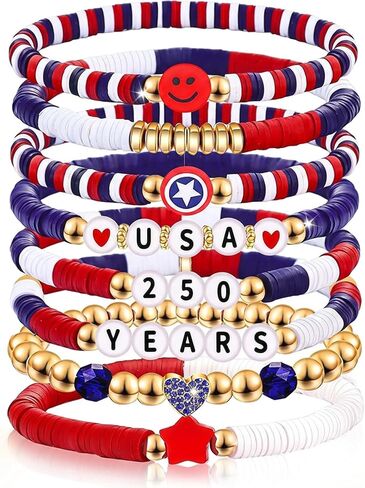 CZFDHP 8PCS 250 Anniversary USA Merchandise, 250th Anniversary USA Gifts, Patriotic Jewelry for Women Men, 4th of July Bracelets, Patriotic Bracelets Set for 4th of July Accessories in Saudi Arabia