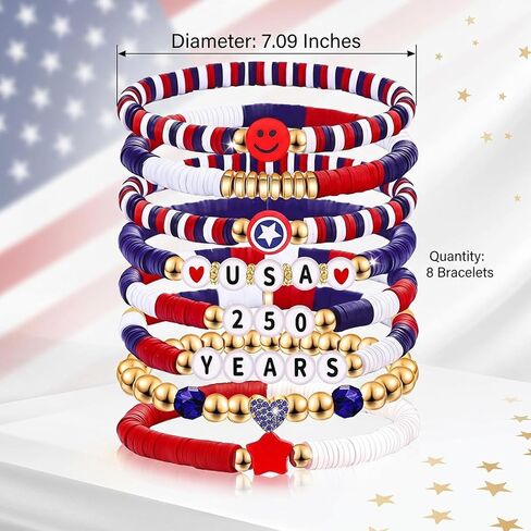 CZFDHP 8PCS 250 Anniversary USA Merchandise, 250th Anniversary USA Gifts, Patriotic Jewelry for Women Men, 4th of July Bracelets, Patriotic Bracelets Set for 4th of July Accessories in Saudi Arabia